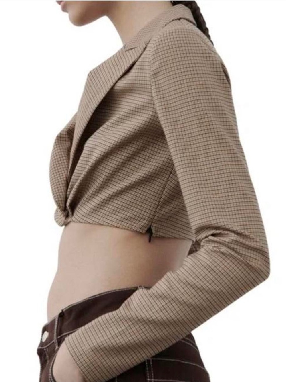 Zara Tweed Plaid Cropped Crossover Wrap Style Jacket Blazer Size Large